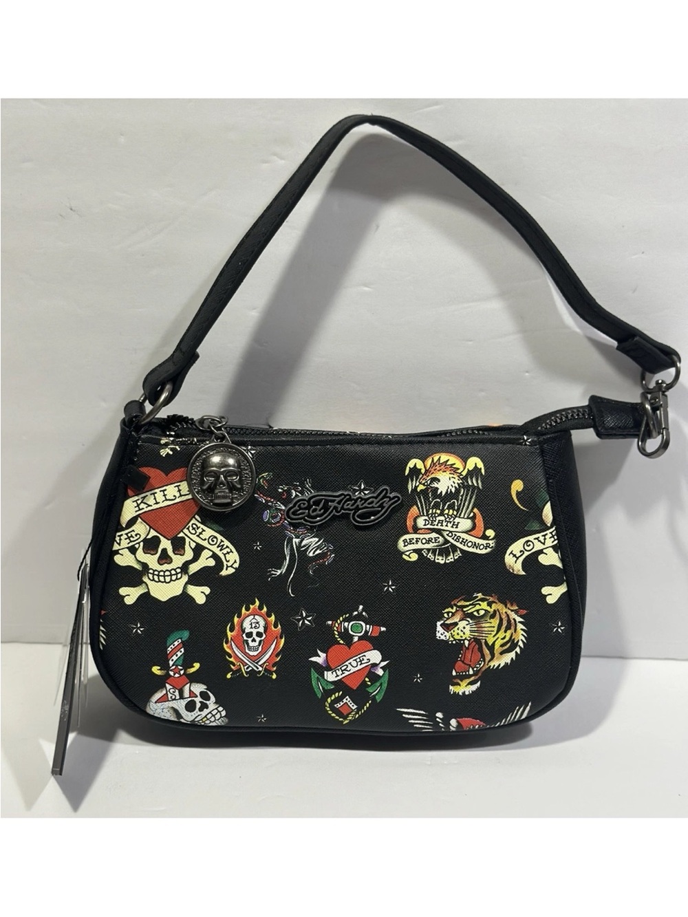 Ed Hardy Black Tattoo Print Mini Shoulder Bag with Multicolor Motifs